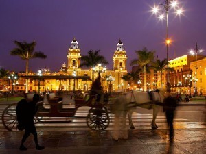 Horse and carriage in the Plaza Mayor, or main square, of Lima, Peru